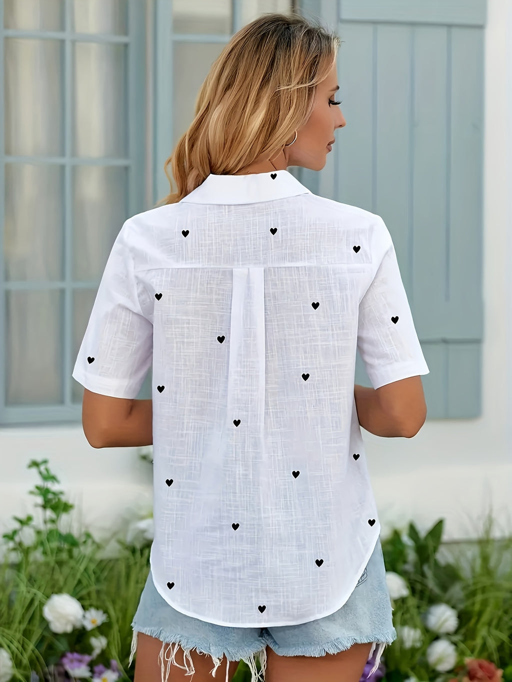 Women's Casual Short Sleeve Blouse with Heart Print & Button Collar