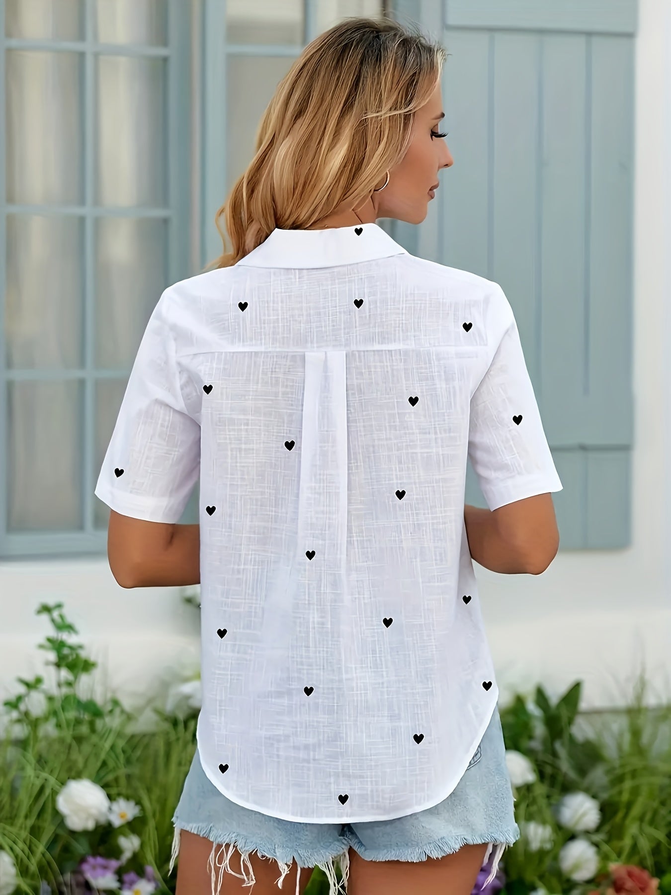 Women's Casual Short Sleeve Blouse with Heart Print & Button Collar