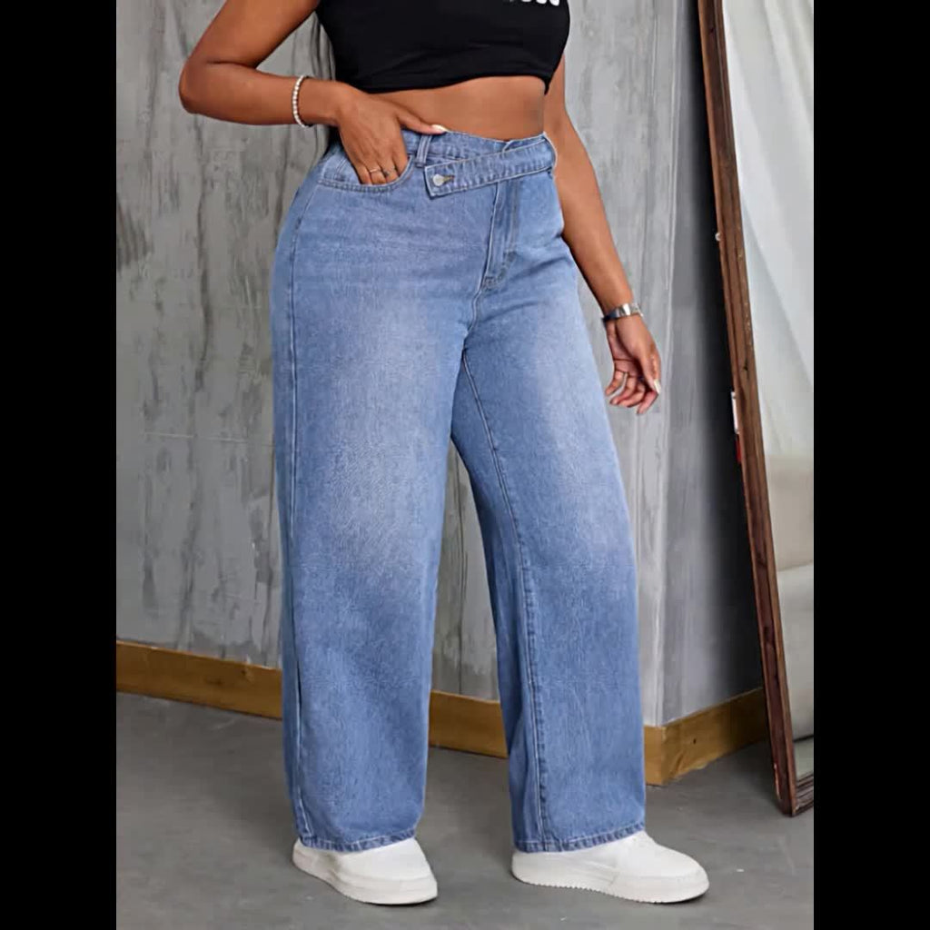 Plus Size & Oversized Jeans Pants - Wide-Leg H-Line Trousers with Beltless Waist