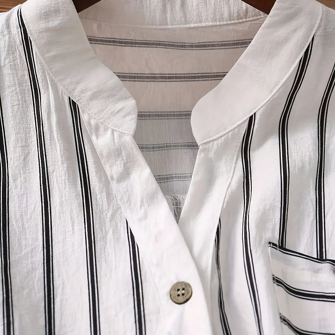 Women's Casual Business V-Neck Button-Up Shirt - Short Sleeve Striped Blouse with Chest Pocket