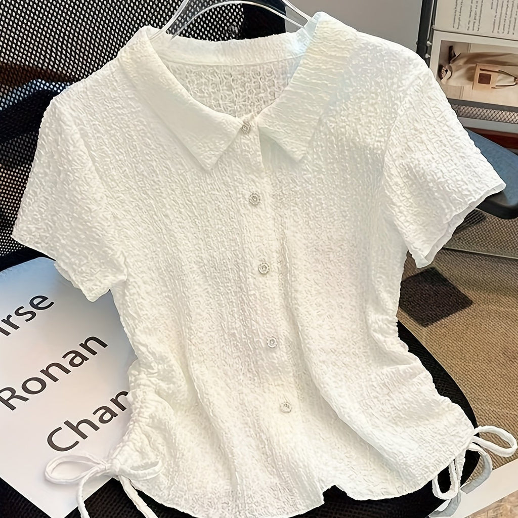 Women's Stylish White Short Sleeve Blouse with Drawstring Detail - Polyester, All-Season, Regular Fit