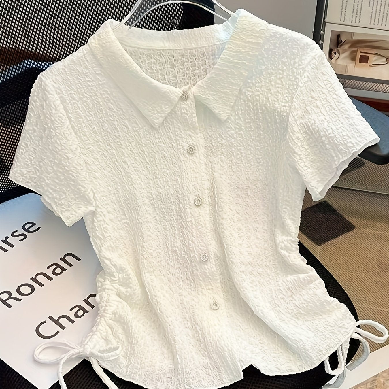 Women's Stylish White Short Sleeve Blouse with Drawstring Detail - Polyester, All-Season, Regular Fit