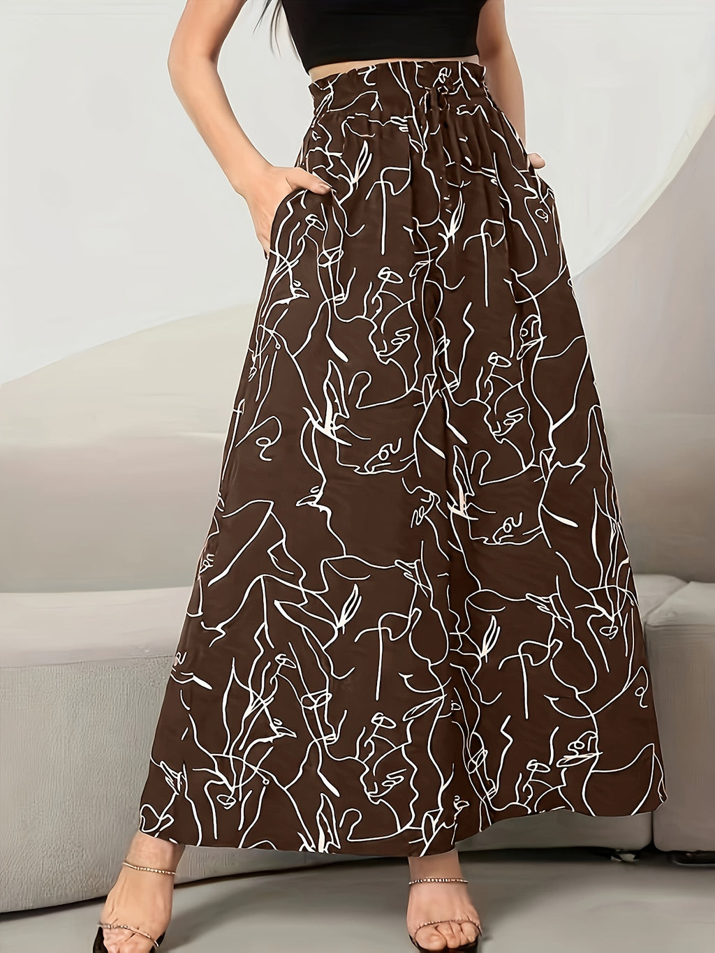 Elegant Wide Leg Pants with Pockets, Loose Drawstring, Popular
