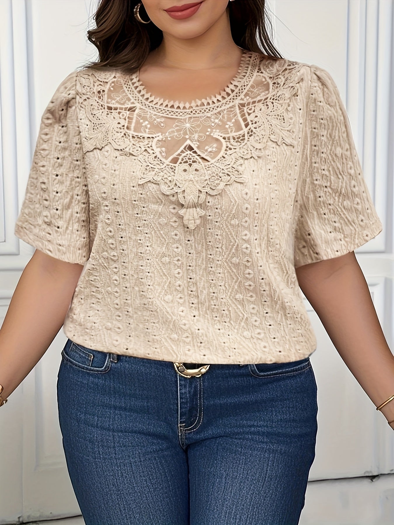 French-Inspired Floral Embroidery Lace Trim Short Sleeve Blouse