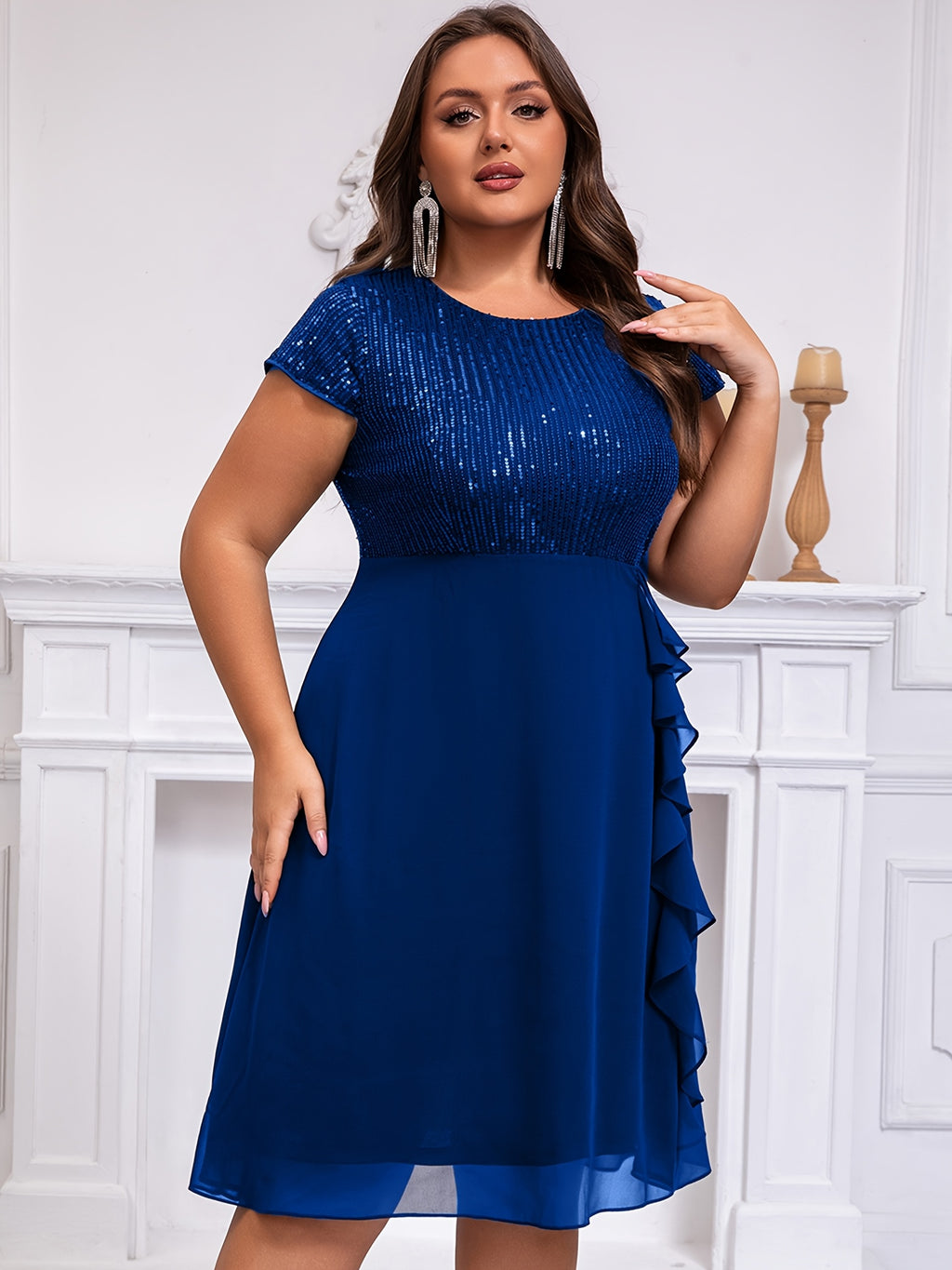 Women'S Plus-Size Chiffon Dress with Sequin Patchwork Party Dress Eid Dress