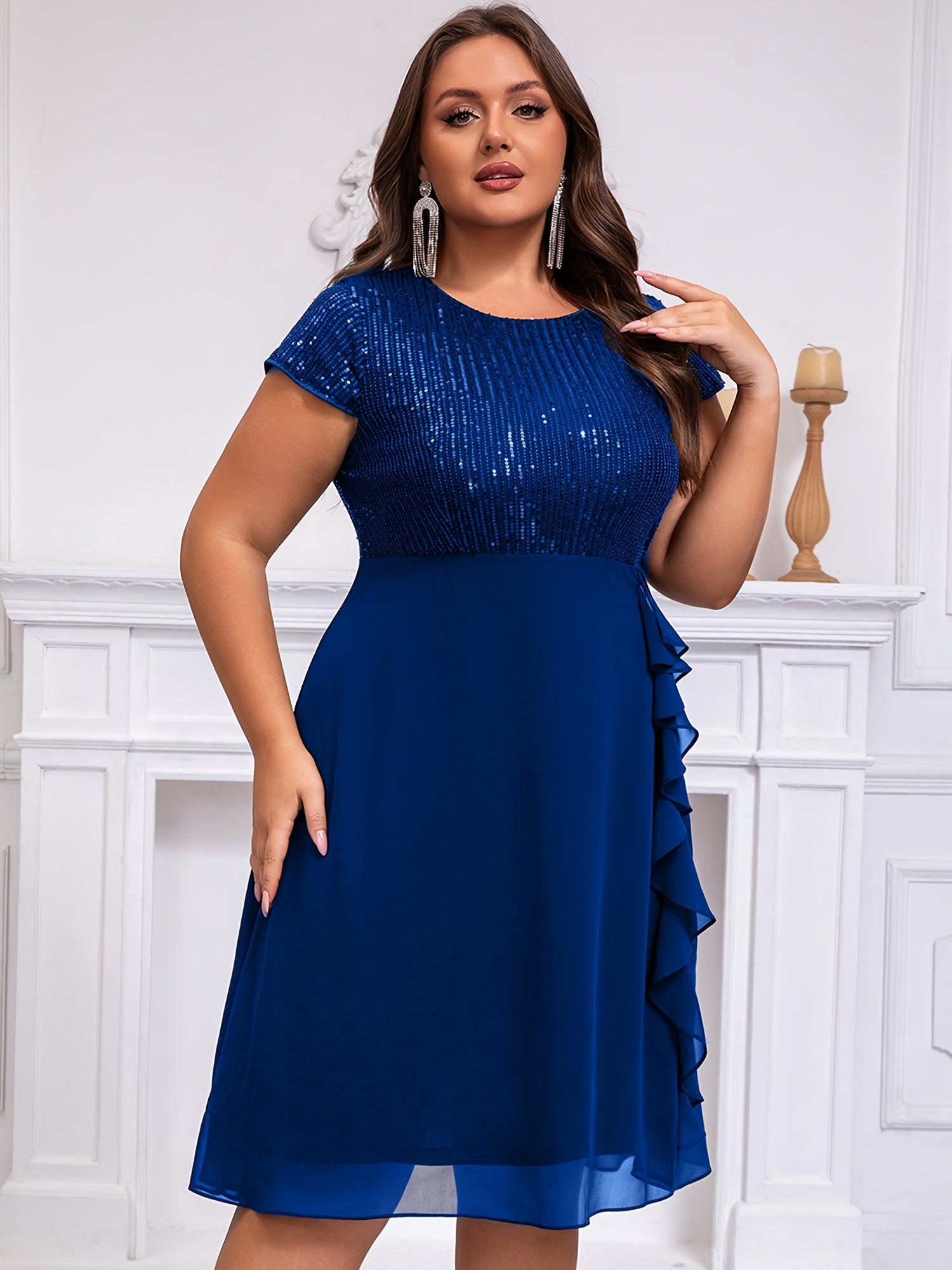 Women'S Plus-Size Chiffon Dress with Sequin Patchwork Party Dress Eid Dress