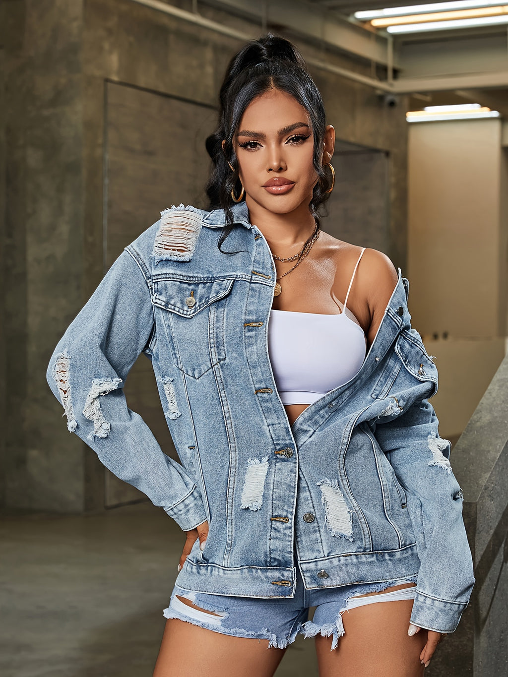 Women's Elegant Distressed Denim Jacket - Loose Fit, Button-Up, Long Sleeve