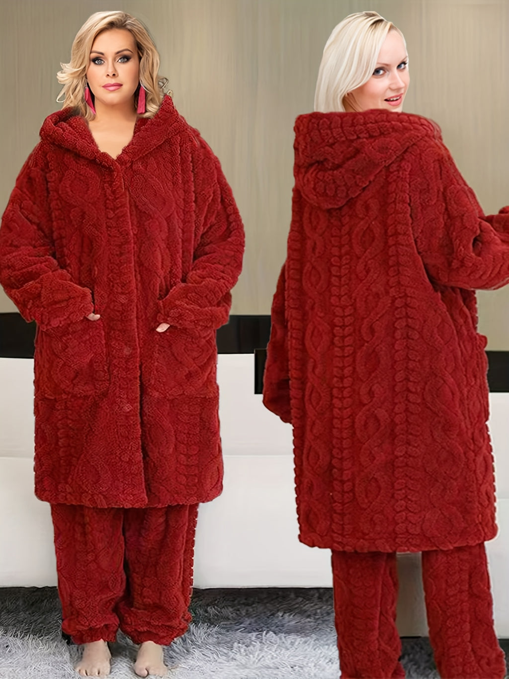 Thick Flannel Pajama Set for Women & Men - Winter Hooded Thermal Sleepwear with Front Button Placket