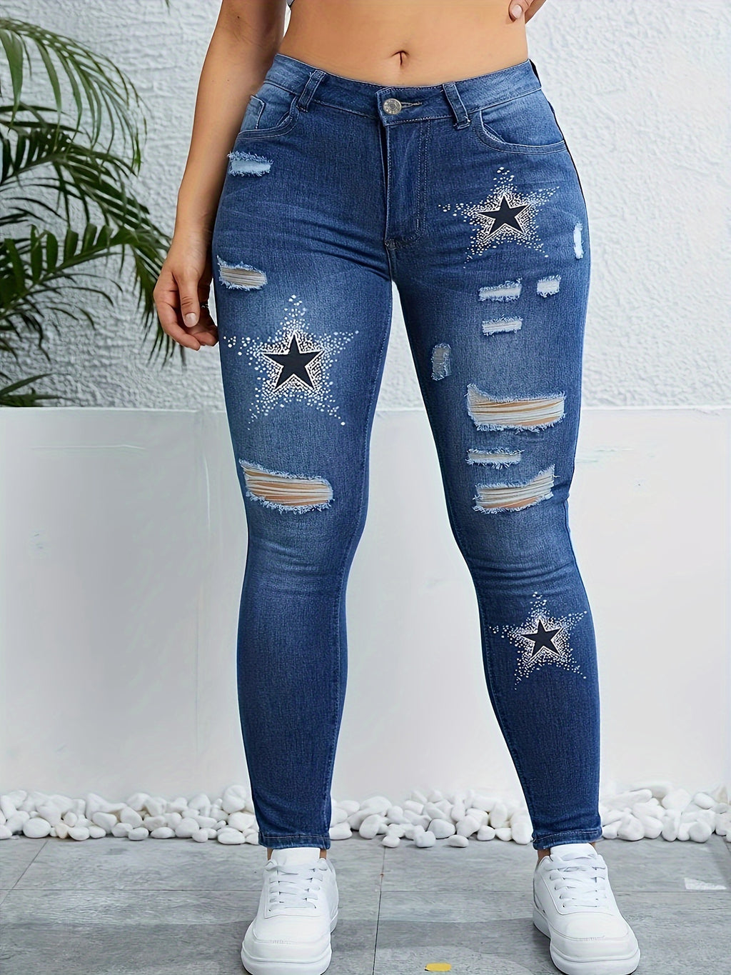 Women's High-Waist Star Print Distressed Jeans