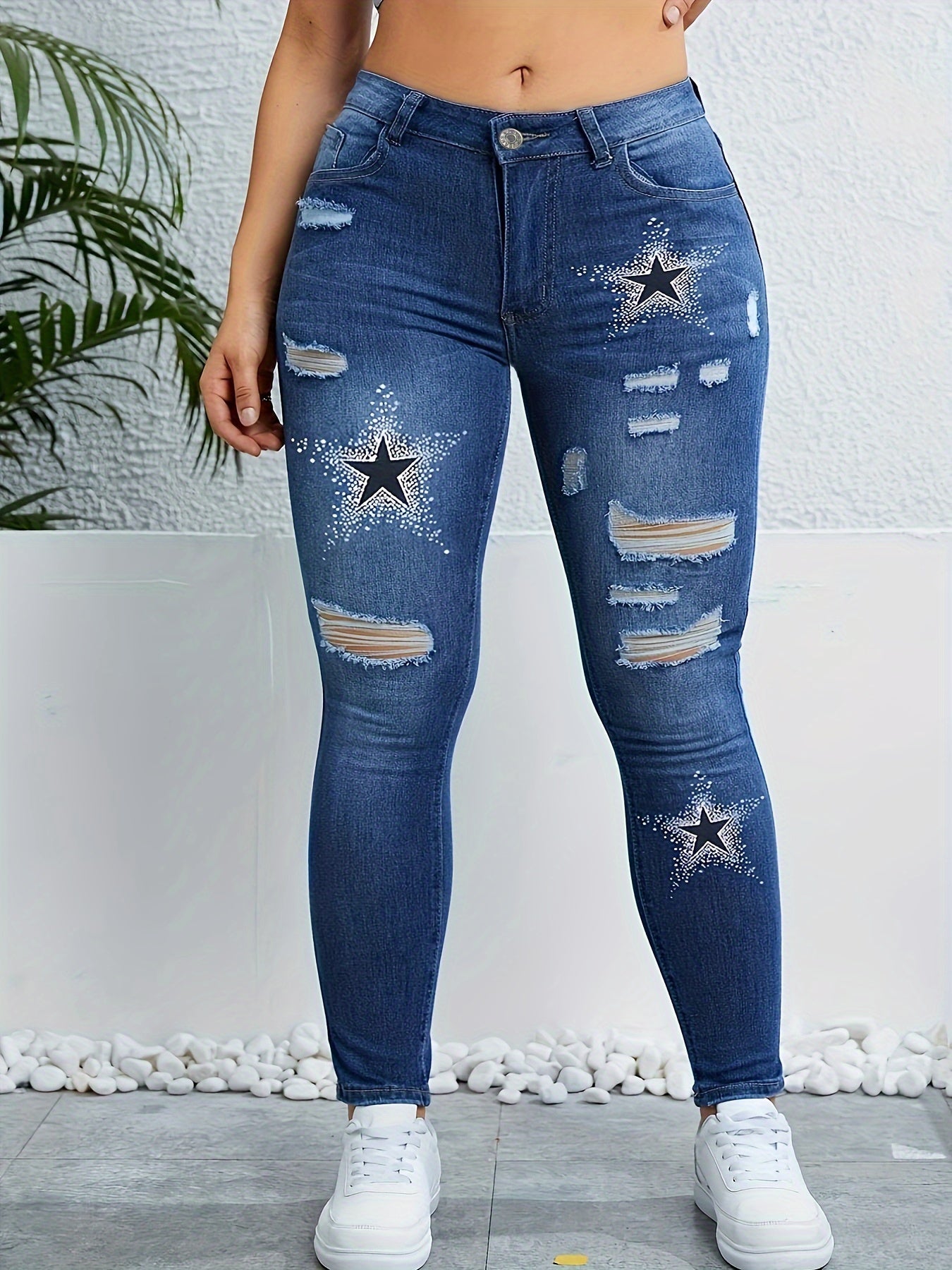 Women's High-Waist Star Print Distressed Jeans