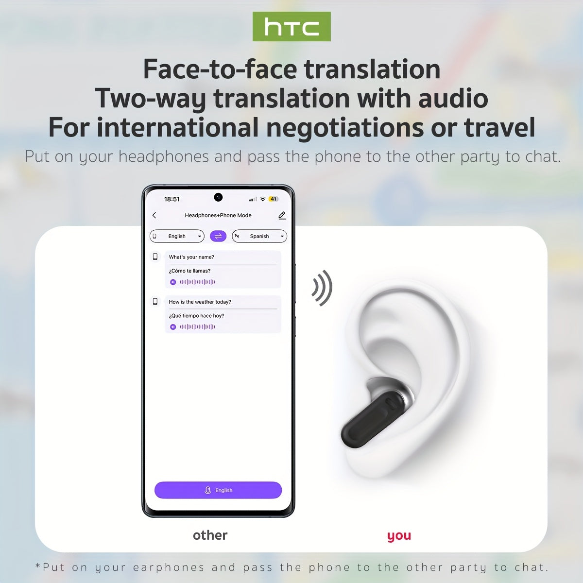 HTC NE20 TWS Wireless Translation Headset 6.0 Face-to-Face 134 Languages Real-Time Translation Suitable for Sports