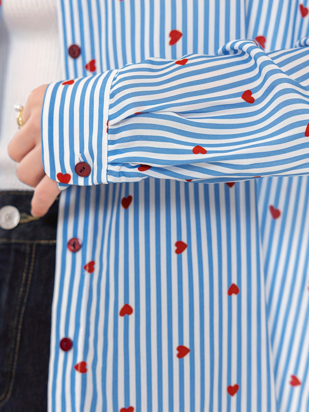 Color Block Striped Heart Shirt, New Autumn Women's Turn- Collar Long Casual Loose Blouse T51Z0133C