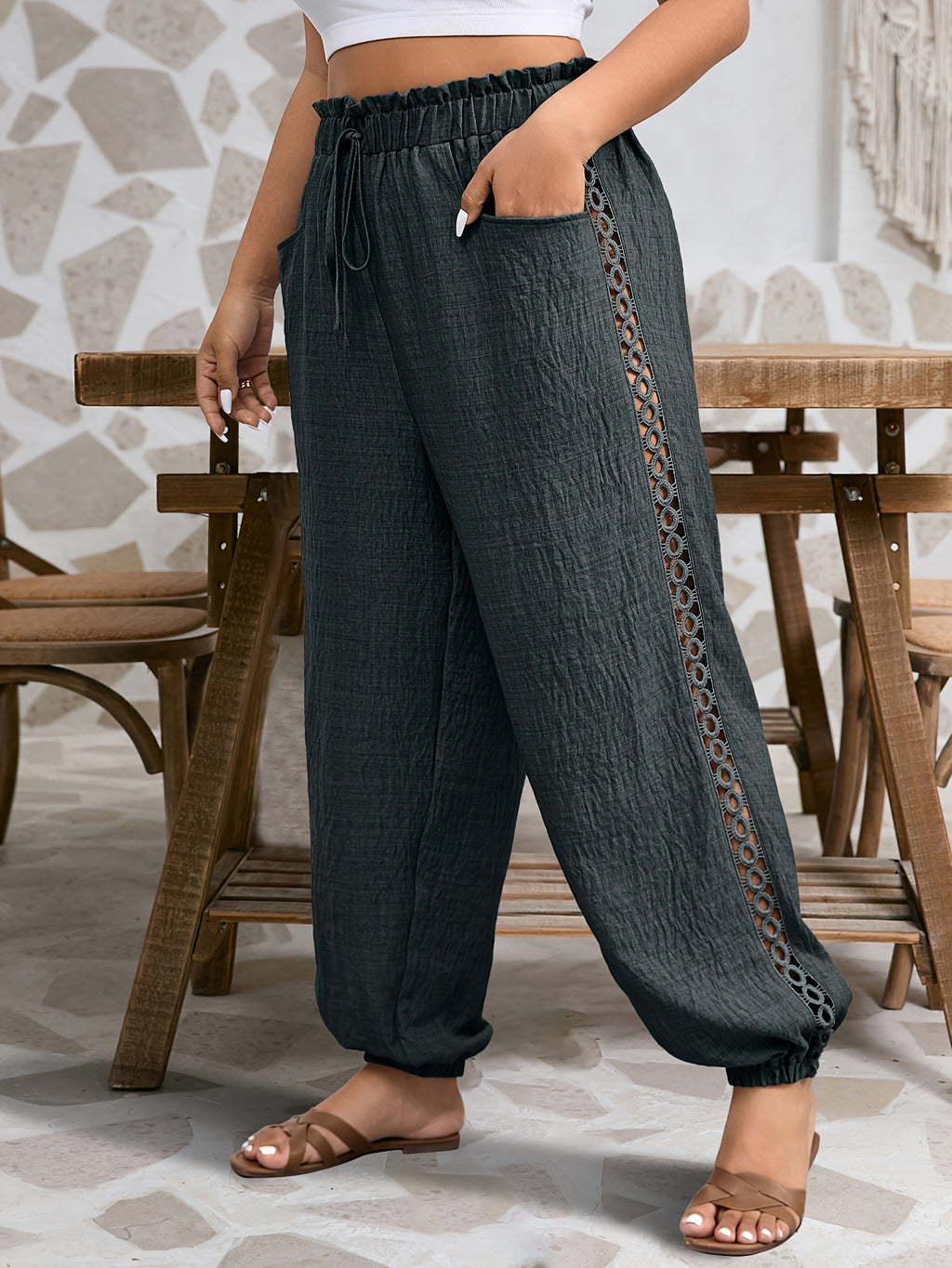 Women's Plus Size Casual Tapered Pants with Ruffle Detail