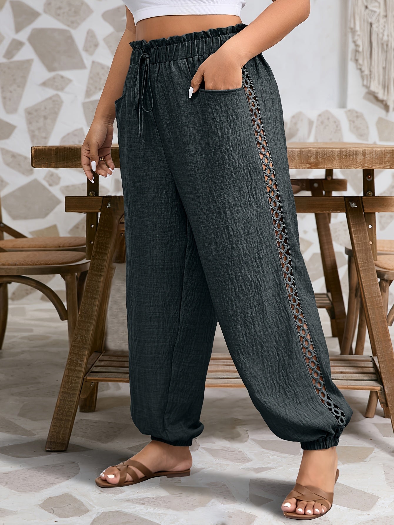 Women's Plus Size Casual Tapered Pants with Ruffle Detail