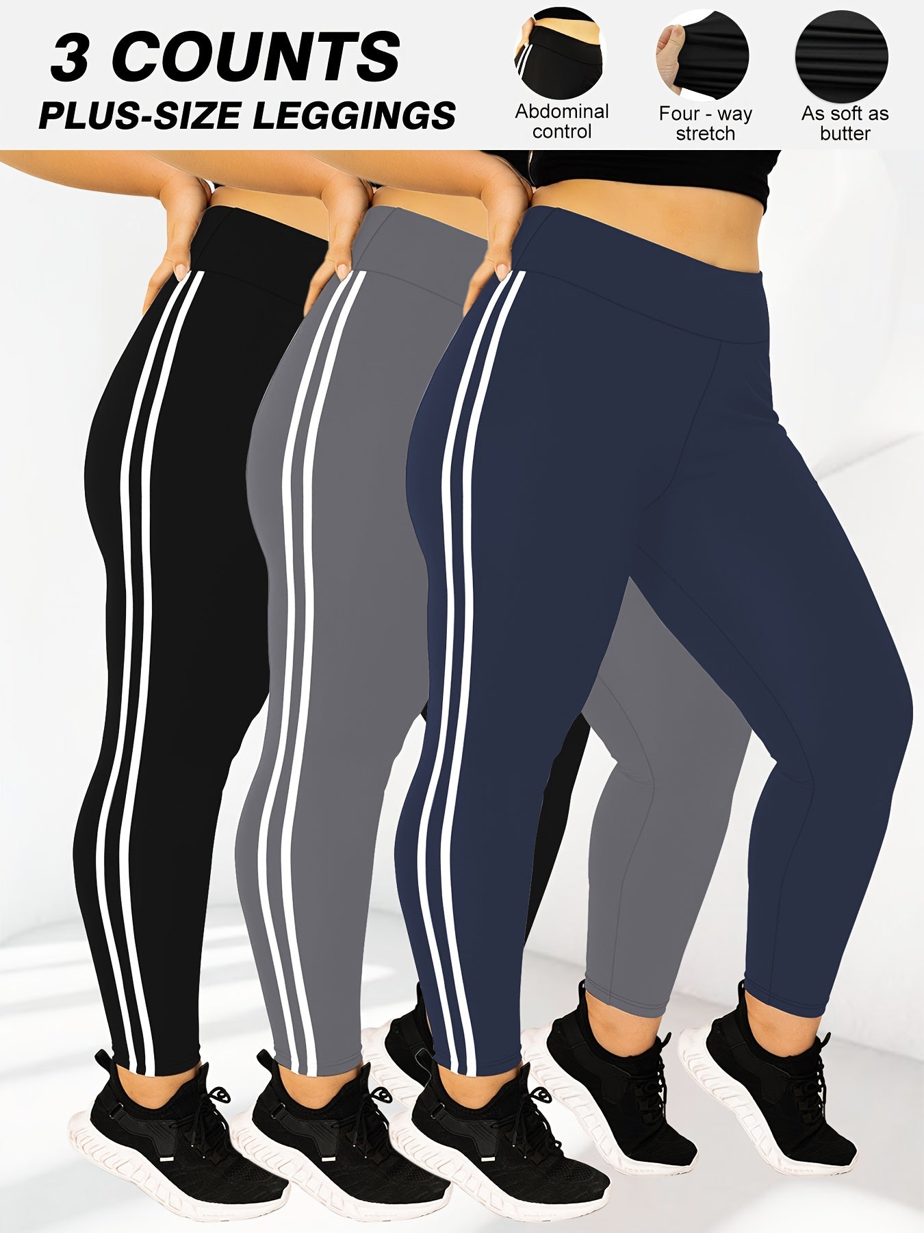 3-Pack Plus Size High-Waisted Tight-Fit Leggings