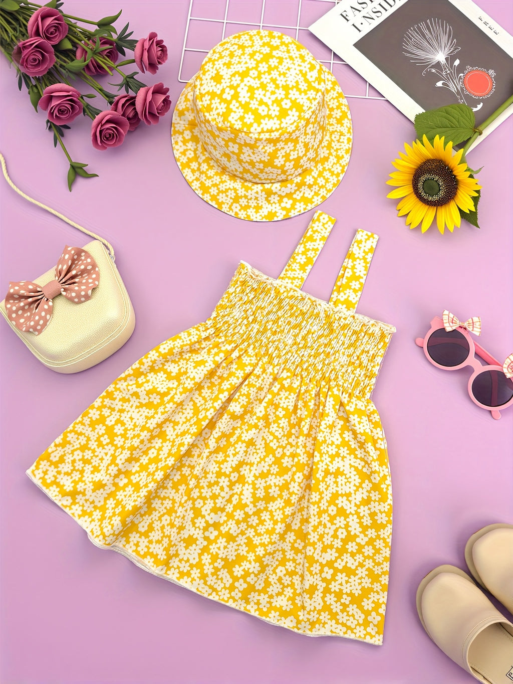 Casual Beachy Daisy Print Girls' Sleeveless Sun Hat Dress