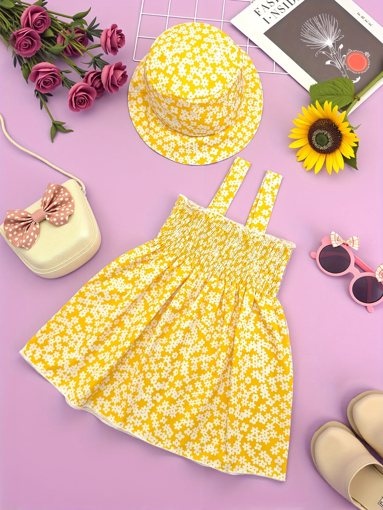 Casual Beachy Daisy Print Girls' Sleeveless Sun Hat Dress
