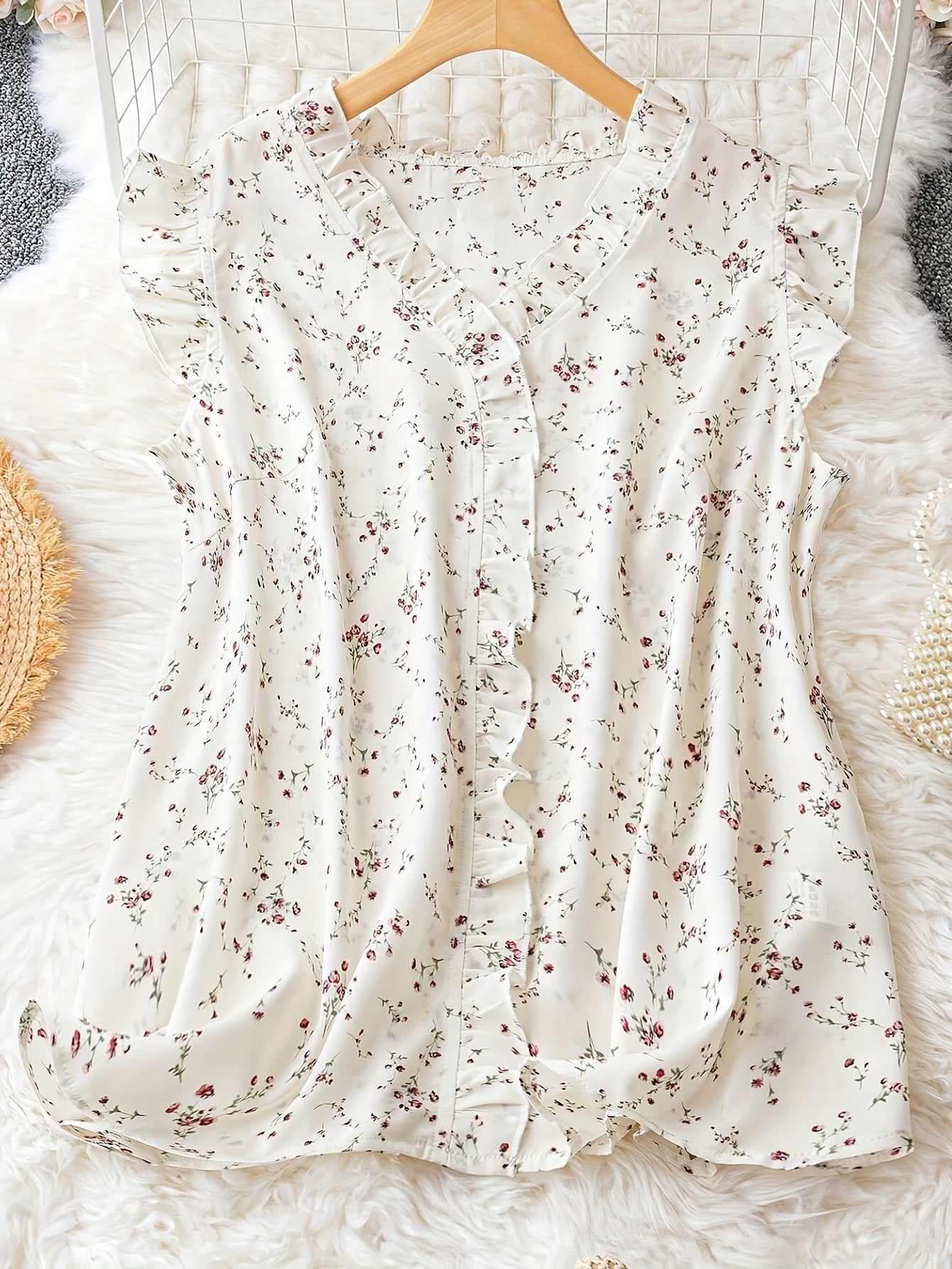 Elegant V-Neck Floral Print Blouse with Ruffled Sleeves