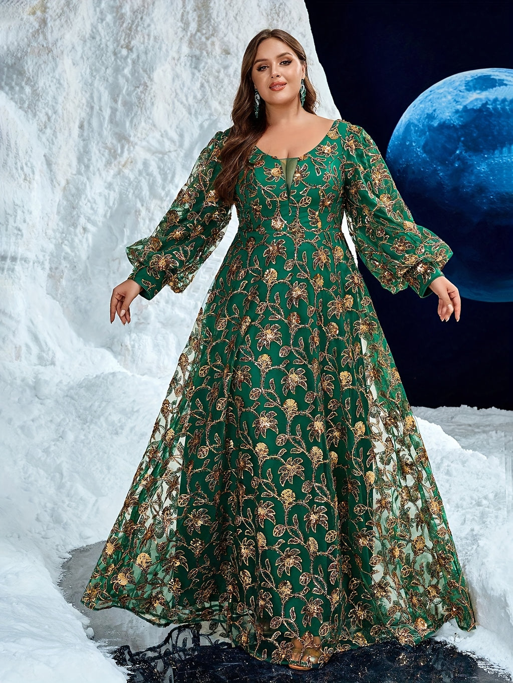 Women's Plus Size Elegant V-Neck Lantern Sleeve Maxi Dress