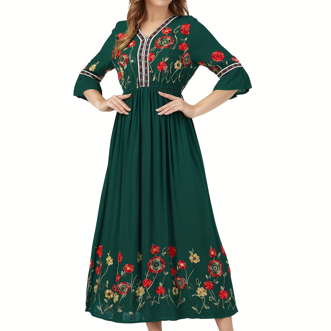 Elegant Green Embroidered Maxi Dress with V-Neck and Ruffle Sleeves