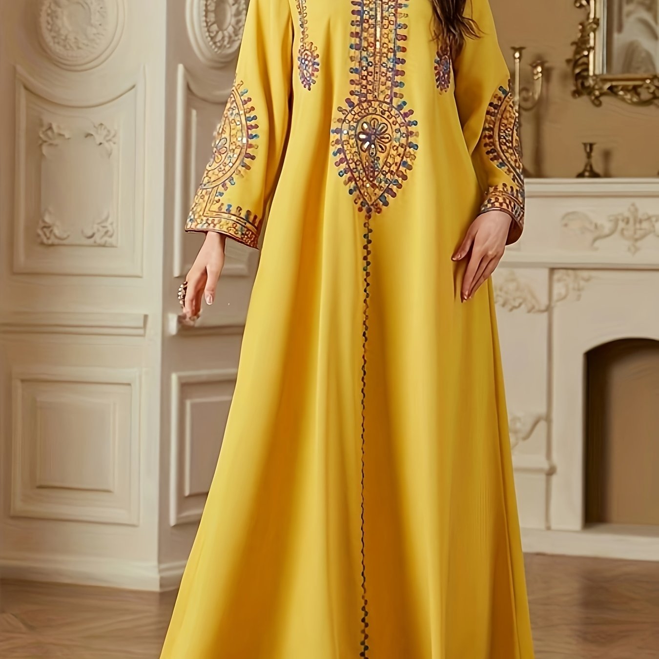 Elegant Middle Eastern-Style Long Dress with Intricate Designs