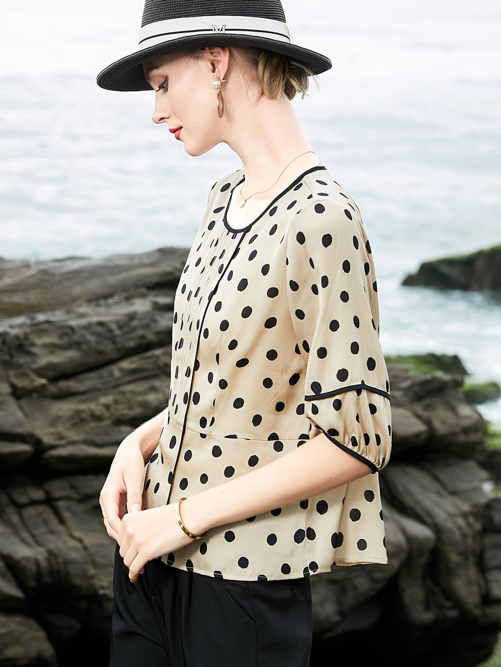 Women's Short Sleeve Blouse - Chic Polka Dot Asymmetrical Hem Round Neck Top