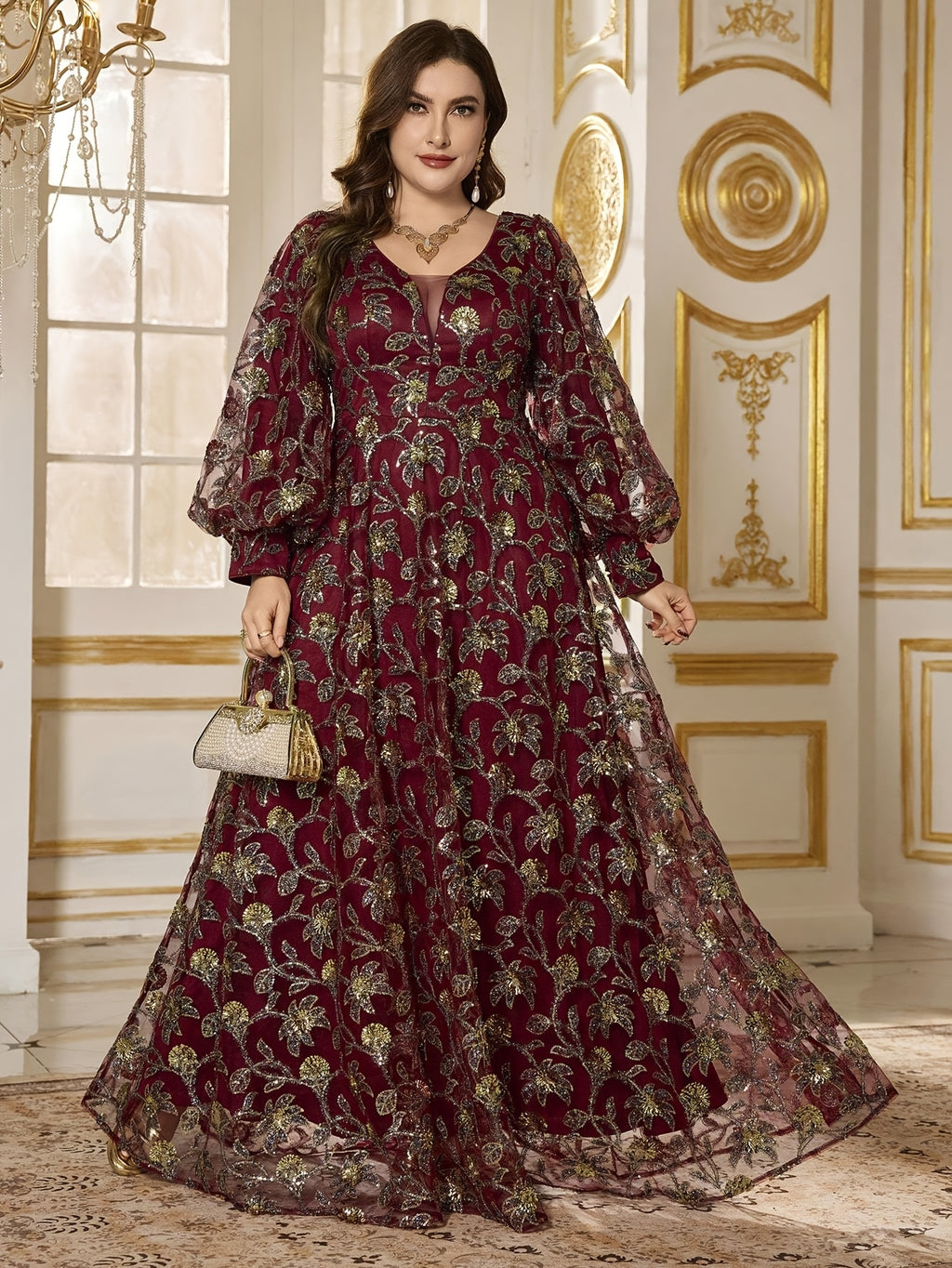 Women's Plus Size Elegant V-Neck Lantern Sleeve Maxi Dress