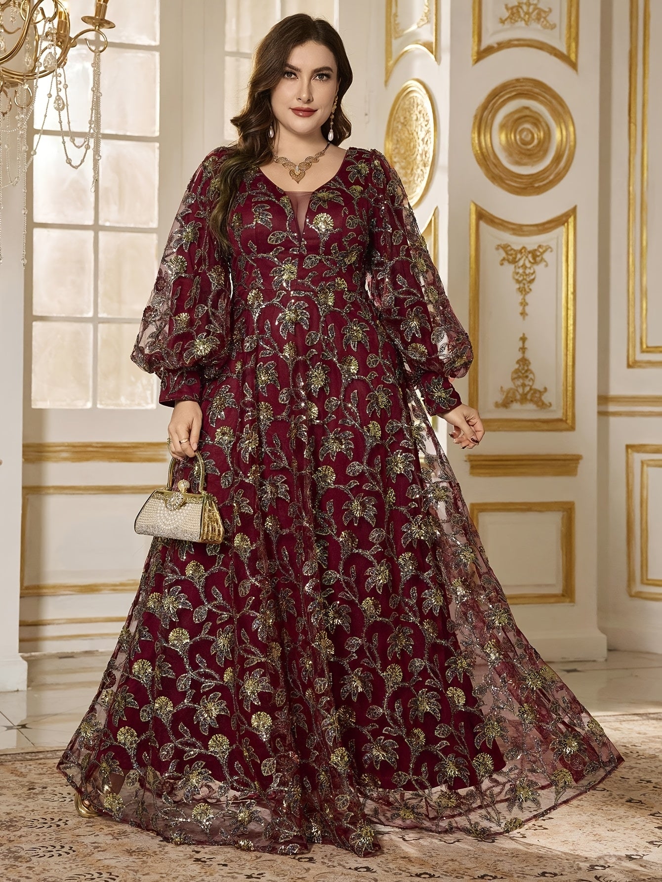 Women's Plus Size Elegant V-Neck Lantern Sleeve Maxi Dress