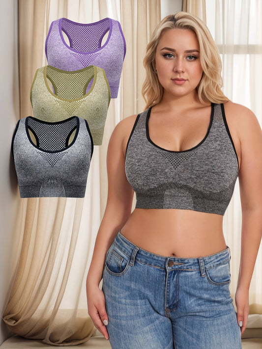 3pcs Breathable Lingerie, Large Size, No Steel Ring, No Trace, Hollow Grid, Thin Sports Yoga Bra, Zero Restriction, Large Size, No Steel Ring, No