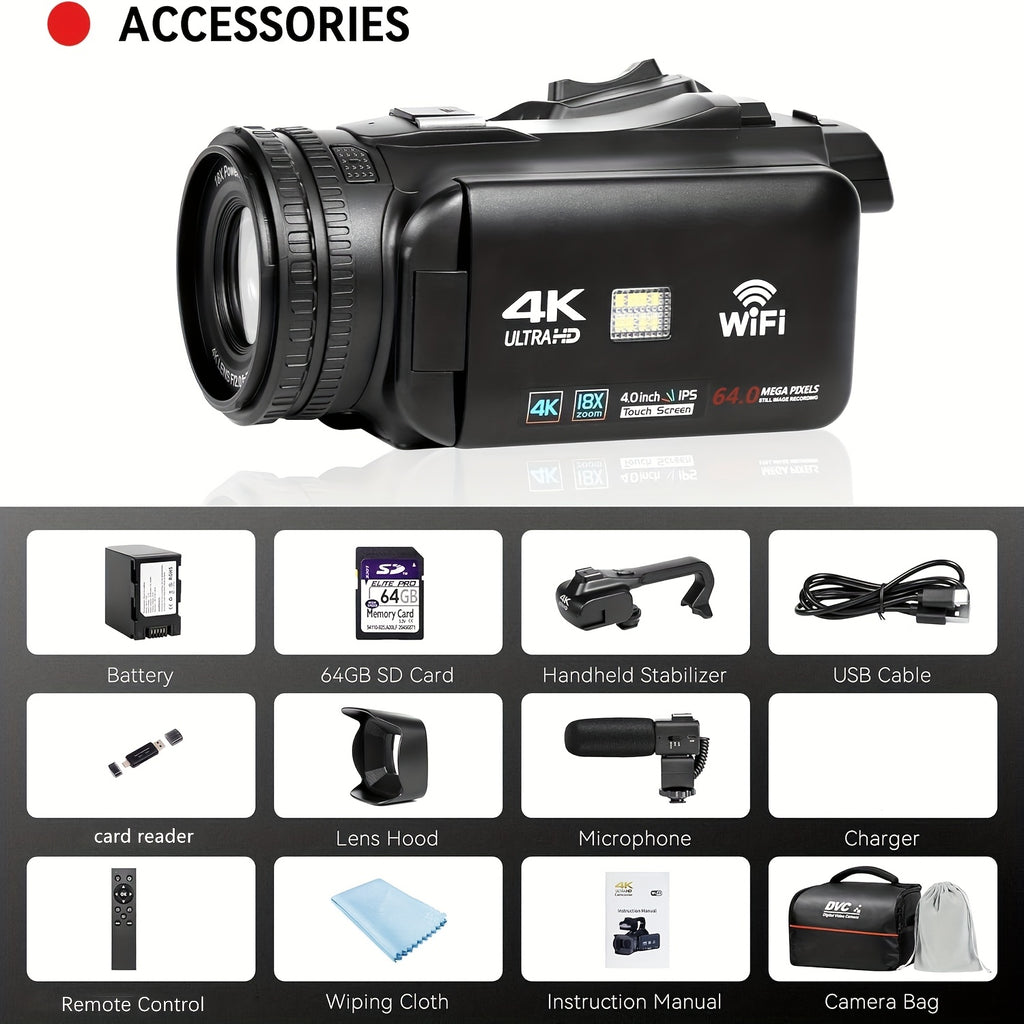 4K Ultra HD Vlogging Camera with 64MP, 60FPS, Auto Focus, 10.16cm Touch Screen