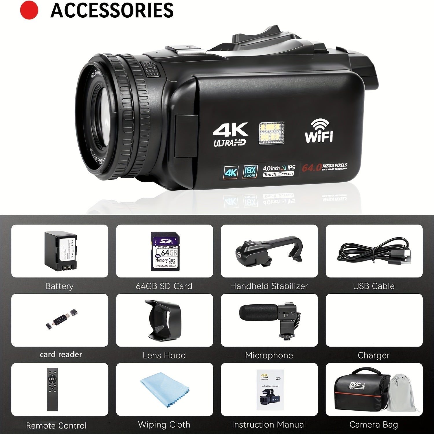 4K Ultra HD Vlogging Camera with 64MP, 60FPS, Auto Focus, 10.16cm Touch Screen