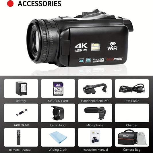 4K Ultra HD Vlogging Camera with 64MP, 60FPS, Auto Focus, 10.16cm Touch Screen