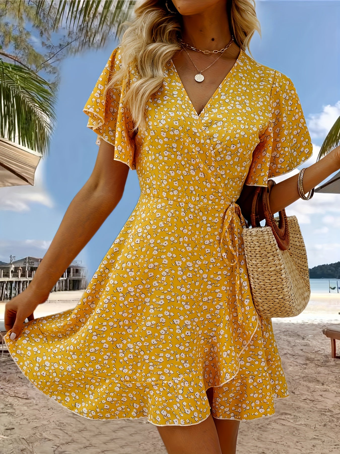 Cross Neck Ruffled Sleeve Dress