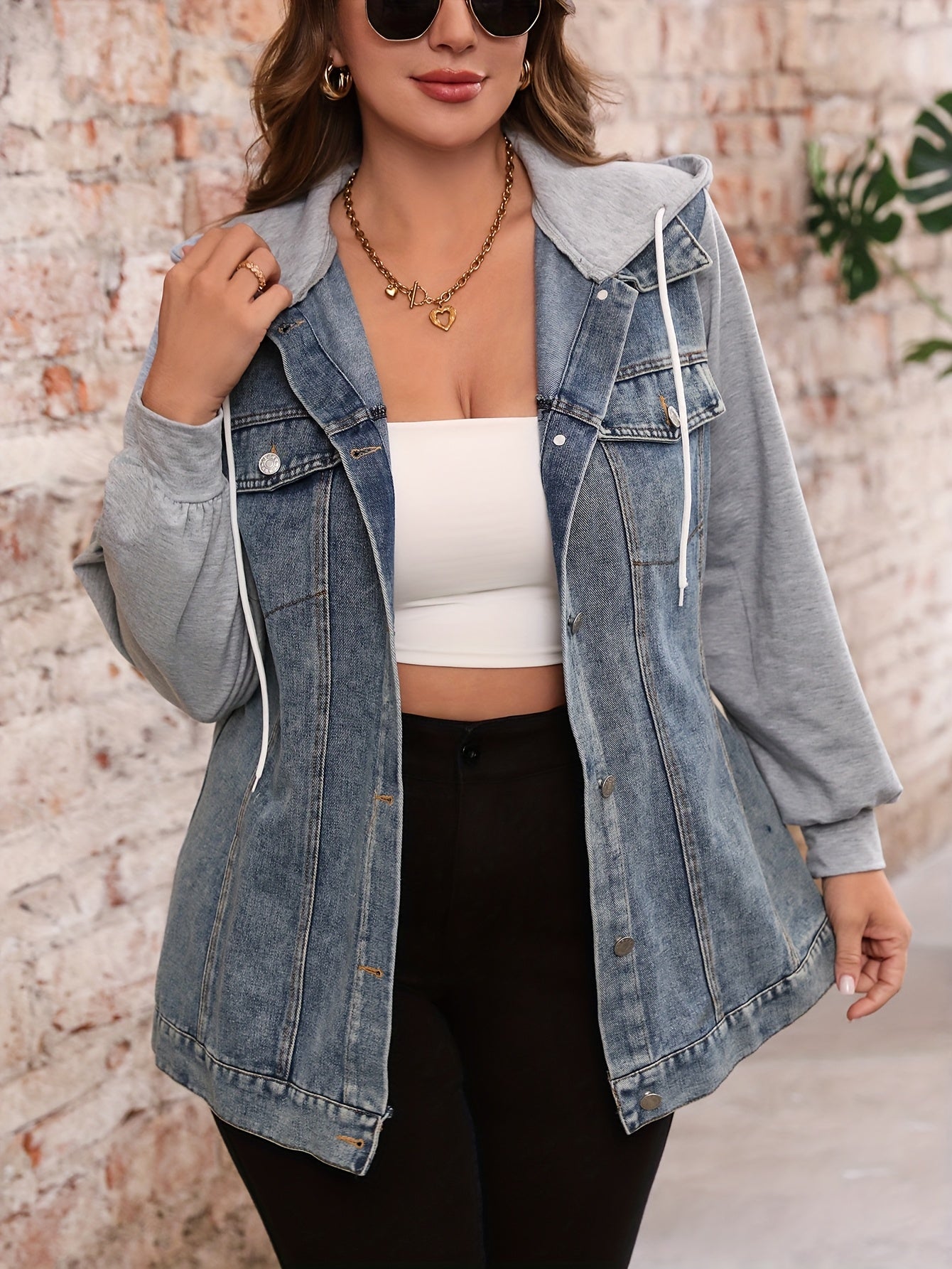 Denim Jacket and Long Pants | Elegant Hooded Design with Patchwork Details