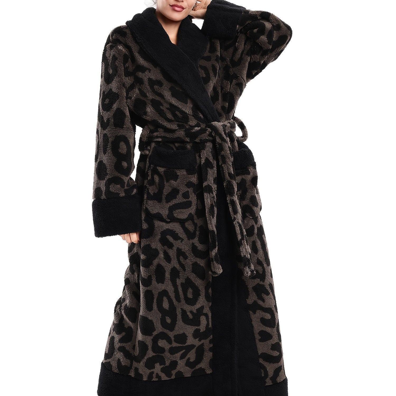 1pc Women's Elegant Leopard Print Robe & Sleepwear - Oversized Winter Cozy Plush Bathrobe