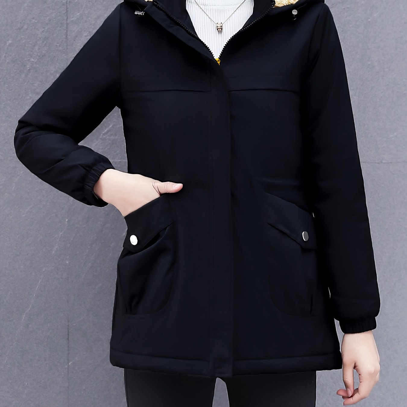 Women's Thick Winter Jacket with Collar - Warm Mid-Length Zippered Coat