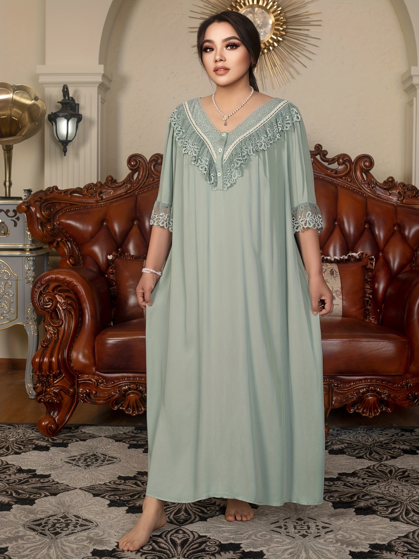 Plus Size Royal Style Nightgown - Long Sleeve V-Neck, Lace Detail, Light Green, Non-Stretch Fabric