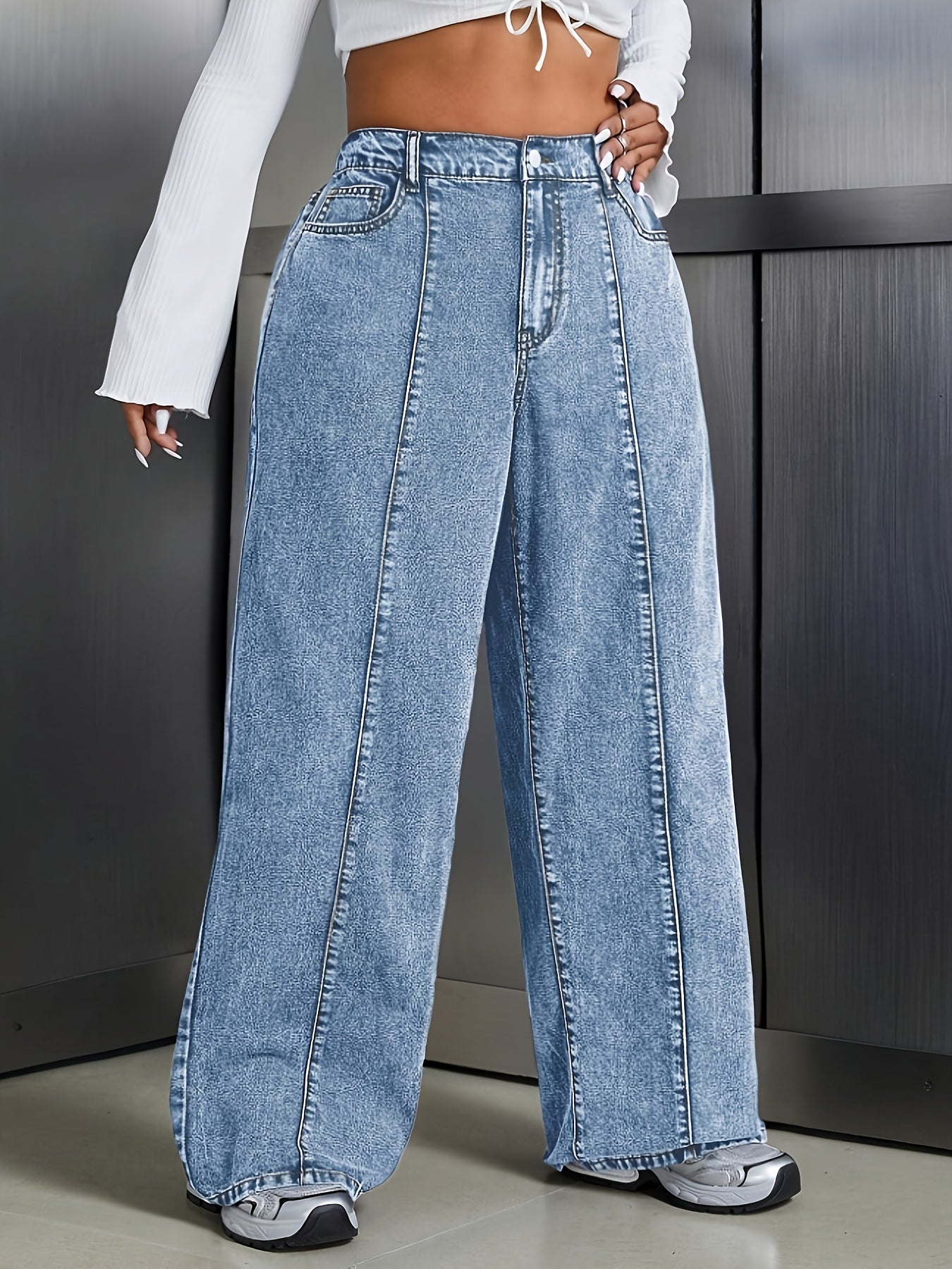 Women's Plus Size Wide-Leg Jeans - Non-Stretchy Vintage Washed Blue Jeans