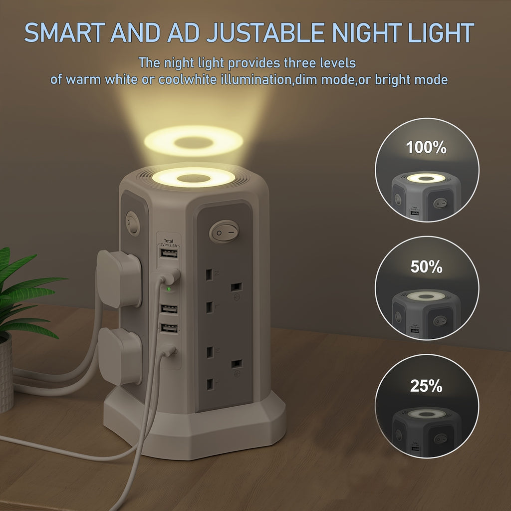 2-Story Tower Power Supply with 8 AC Sockets, 4 USB Ports, 1 USB-C PD20W Fast Charging