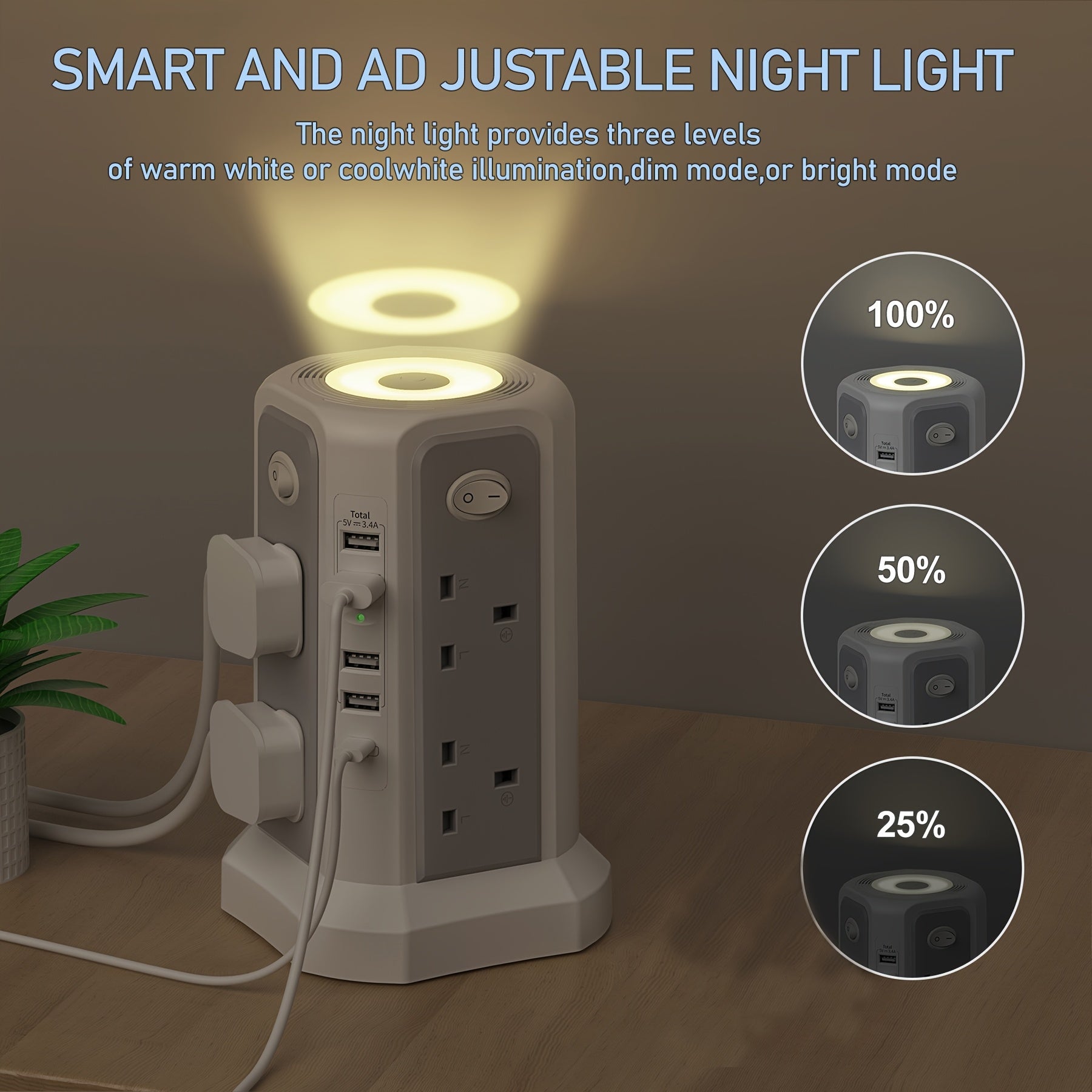 2-Story Tower Power Supply with 8 AC Sockets, 4 USB Ports, 1 USB-C PD20W Fast Charging