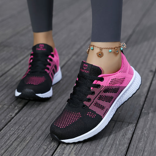 Women's Breathable Mesh Sneakers - Black & Pink Color-Block Design, Comfortable EVA Sole, Lace-Up Low-Top Casual Shoes for All-Season