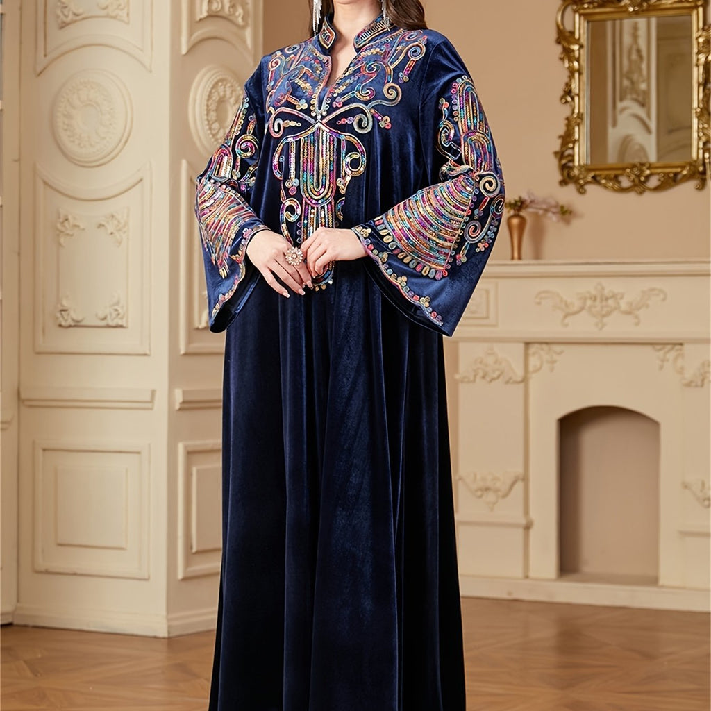Women's Golden Velvet Abaya Kaftan - Floral Embroidery with Sequins, Long Sleeve Modest Dress