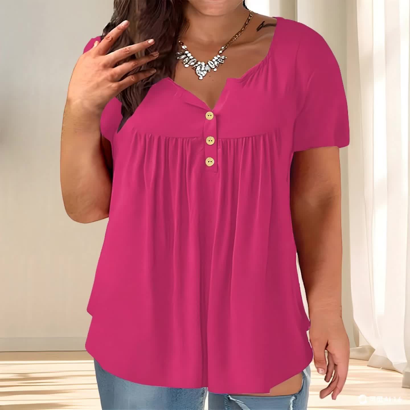 Women'S Plus Size Casual Buttoned Pleated T-Shirt, Summer Knit Fabric Top, Crew Neck, Solid Color, Slight Stretch, Oversized Pullovers,