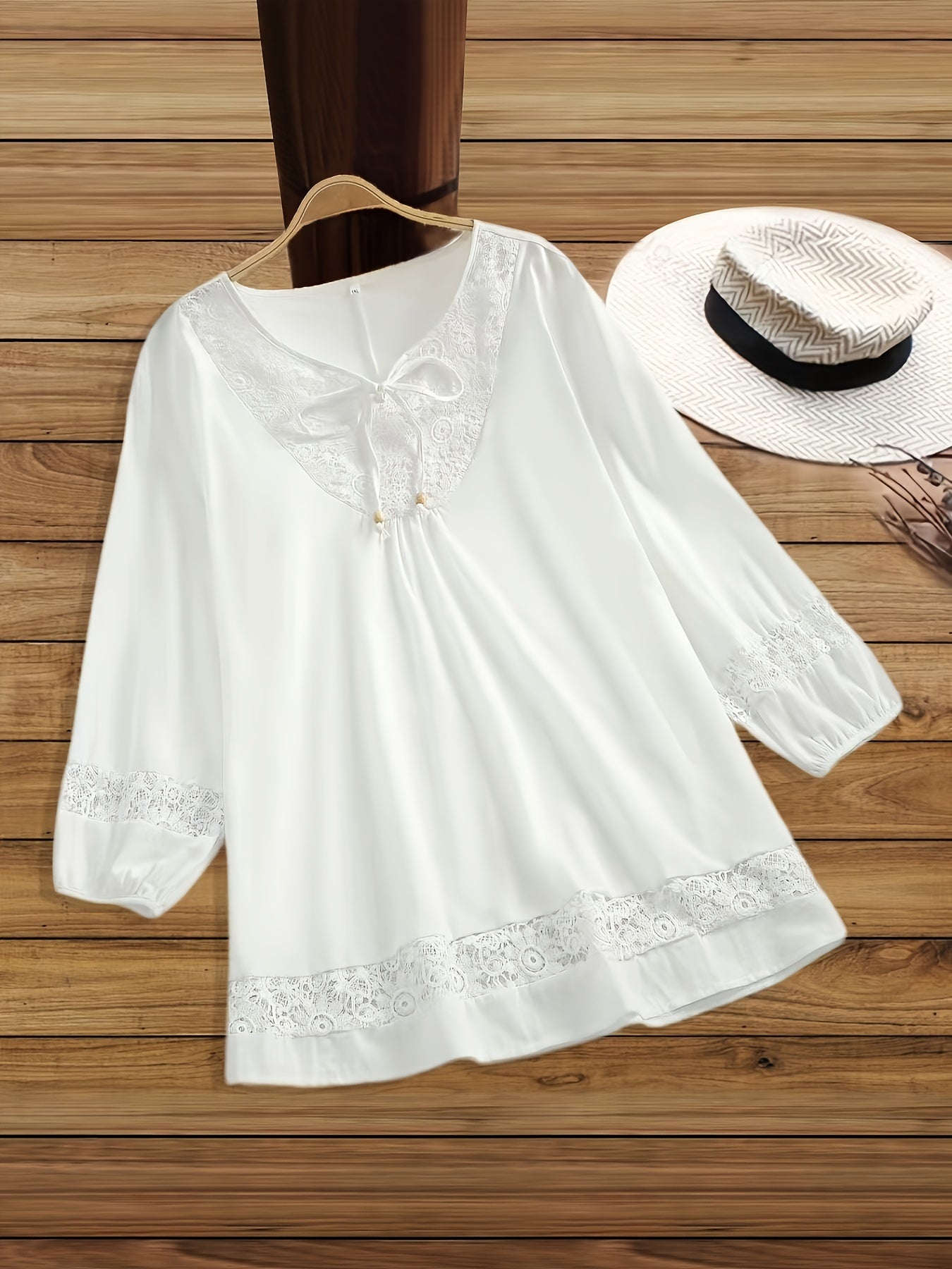 Casual Tie-neck 3/4 Sleeve Blouse For Spring, Women's Plus Size