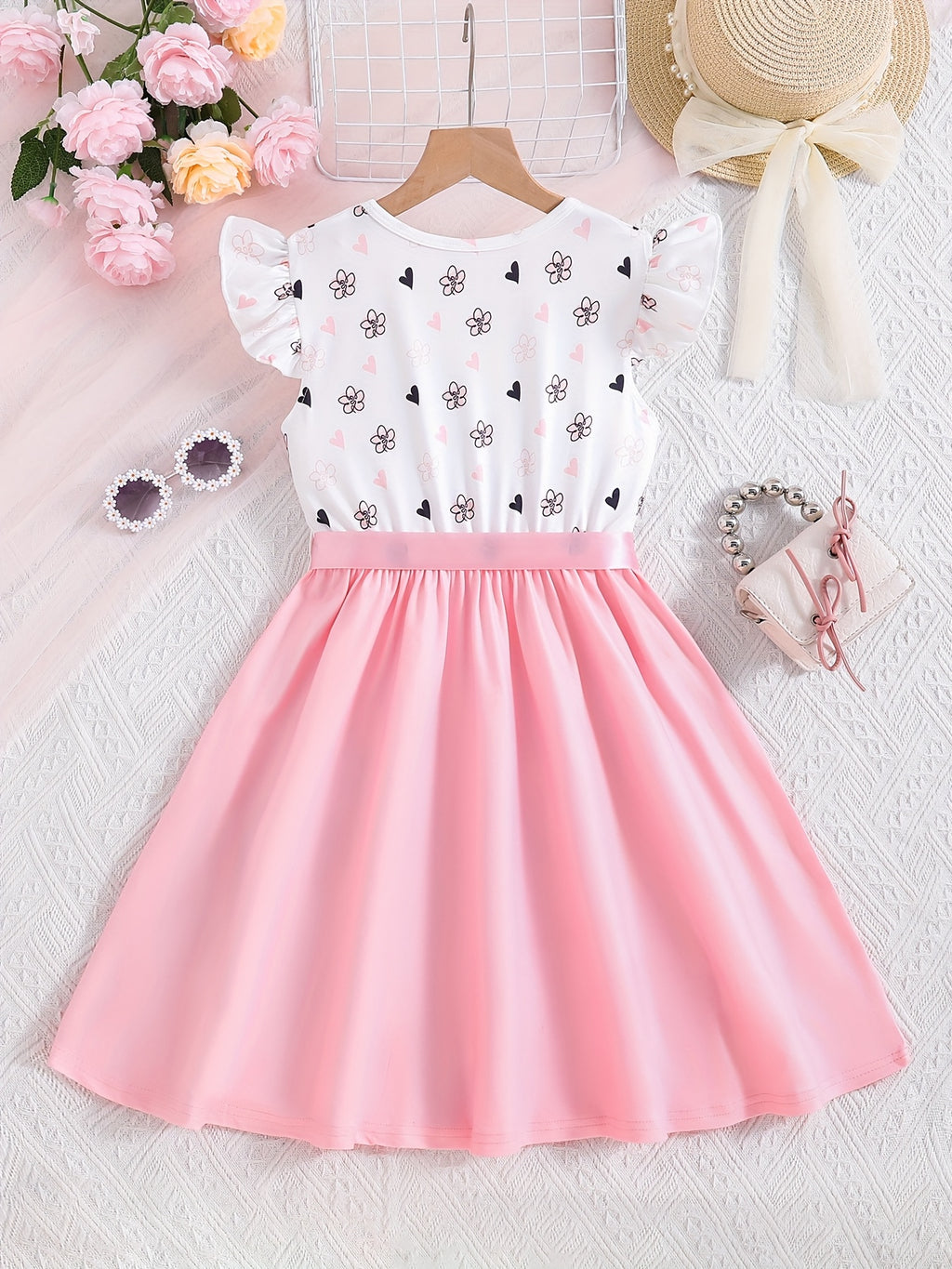Summer Party Girls' Sweet Style Heart & Cartoon Mouse Print Dress
