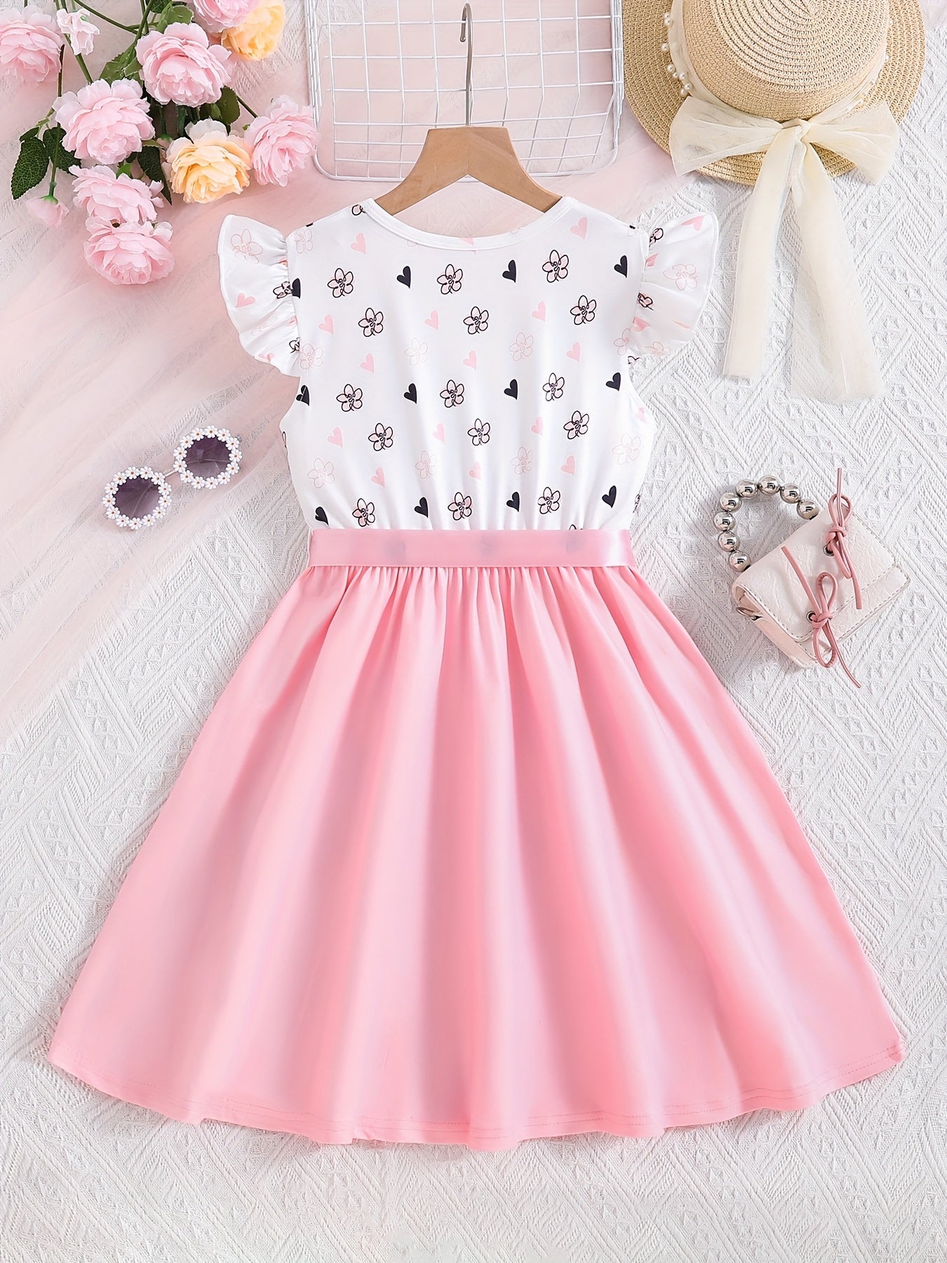 Summer Party Girls' Sweet Style Heart & Cartoon Mouse Print Dress