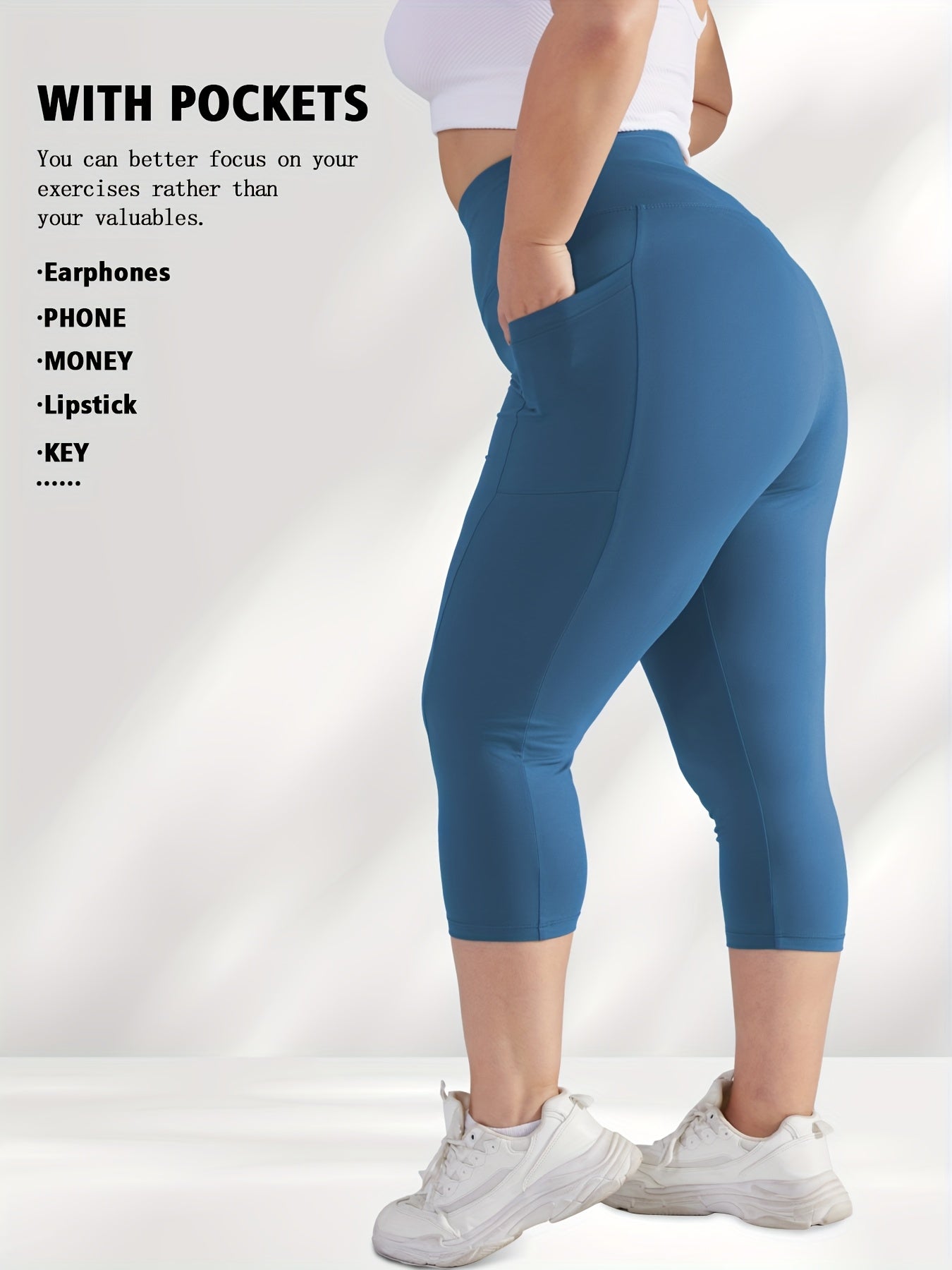 Women's Plus Size High-Waisted Capri Leggings with Side Phone Pockets