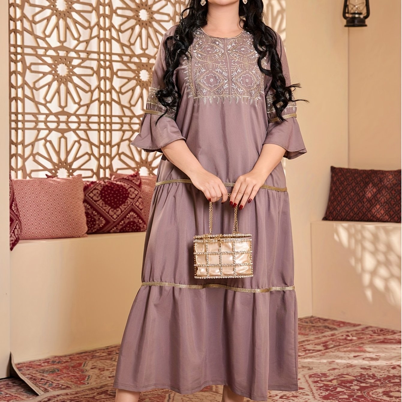 Elegant Ethnic Style Three Quarter Length Ruffle Sleeve Dress with Embroidery