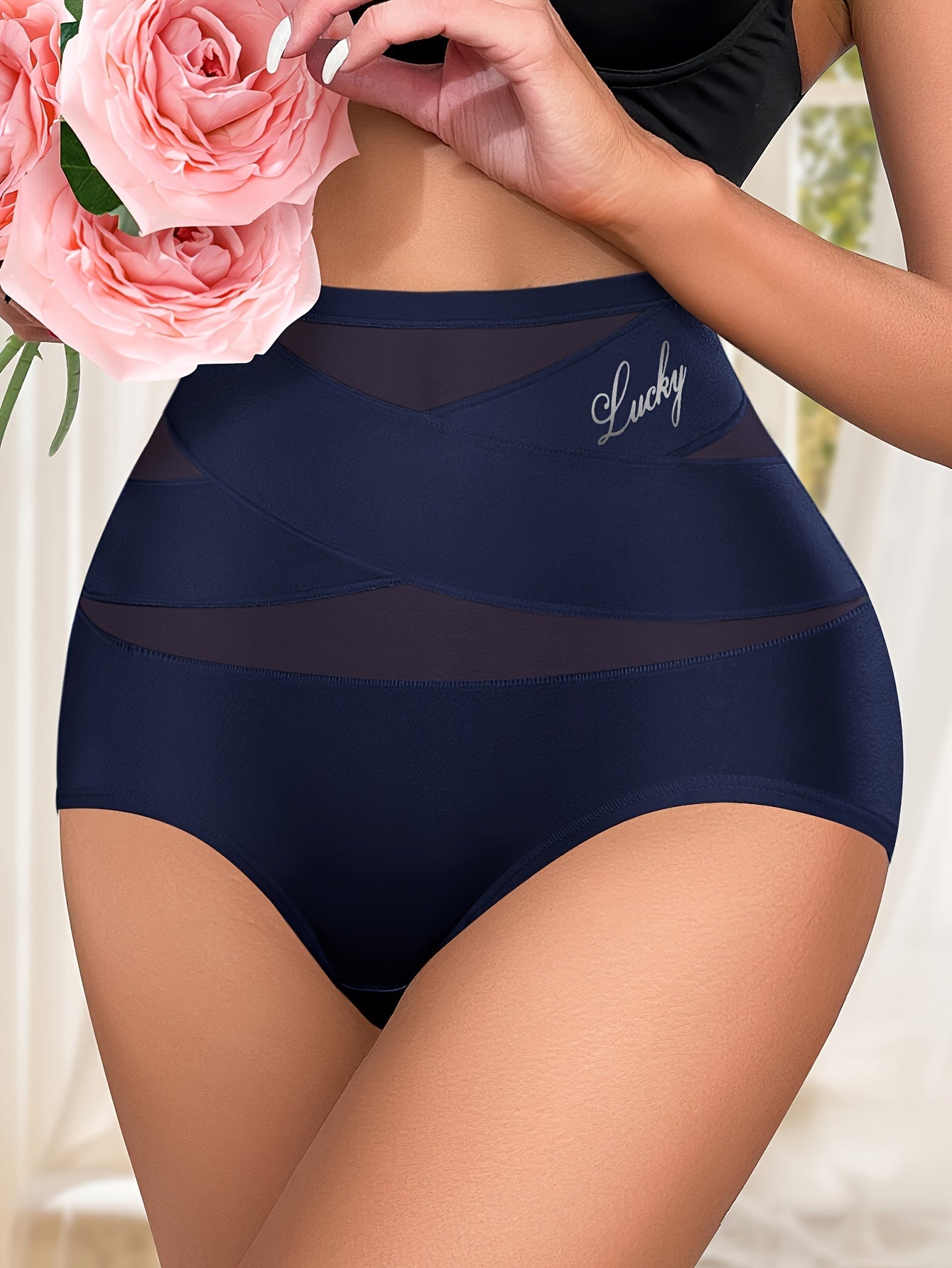 1pc MIOTAN High-Waisted Tummy Control Women'S Briefs, Breathable Mesh Crossed Waist Cincher, Fiber, Seamless Shaping Underwear with Butt Lifting, Elegant Solid Color, 90% Polyester 10% Elastane, 200gsm Knit Fabric - 1pc
