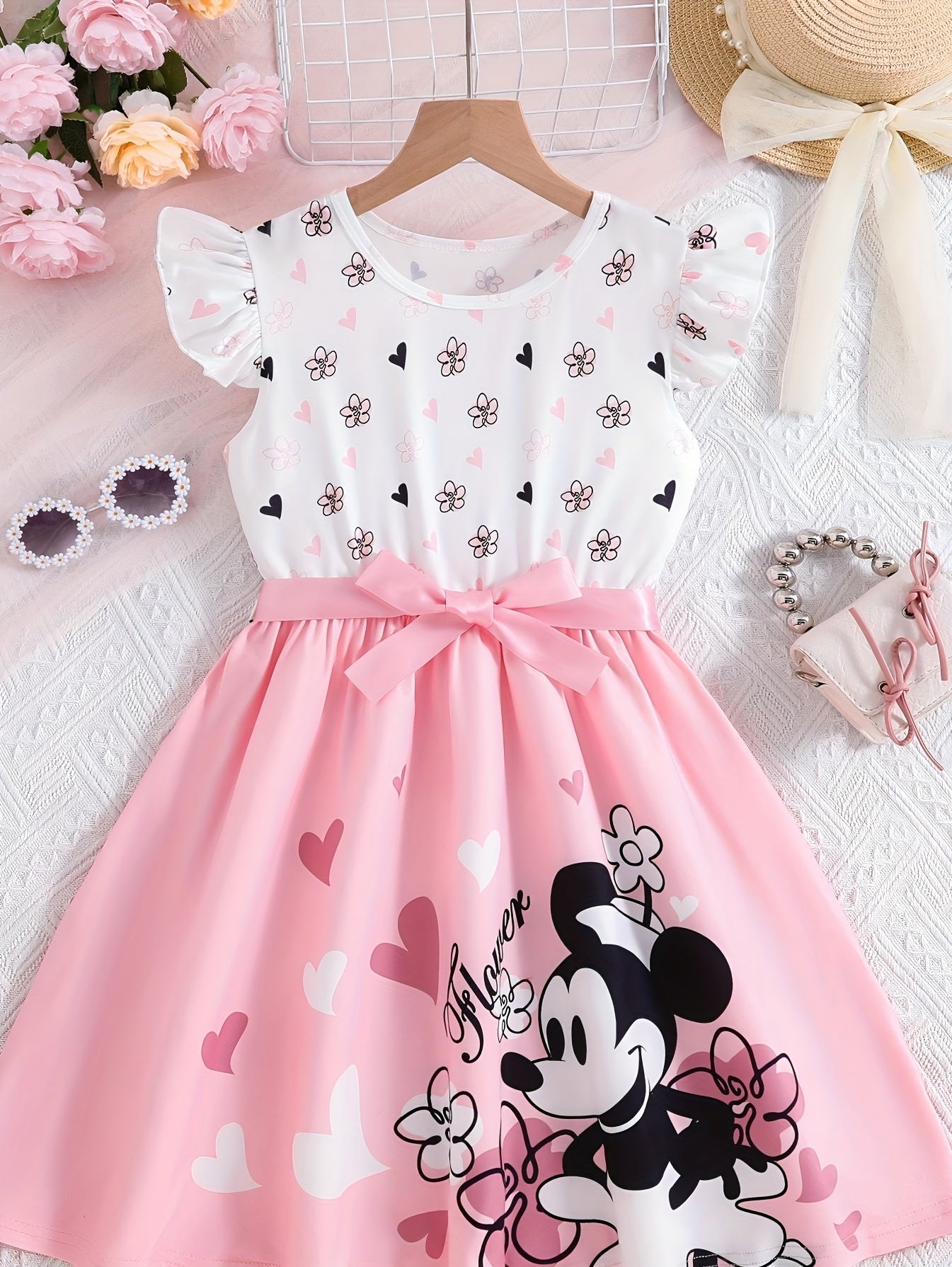 Summer Party Girls' Sweet Style Heart & Cartoon Mouse Print Dress